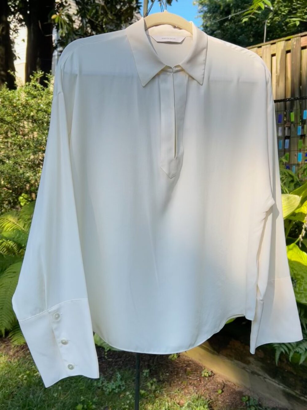 NWT Rebecca Taylor Essential Silk Blouse | Snow | V-Neck Collared Long Sleeves